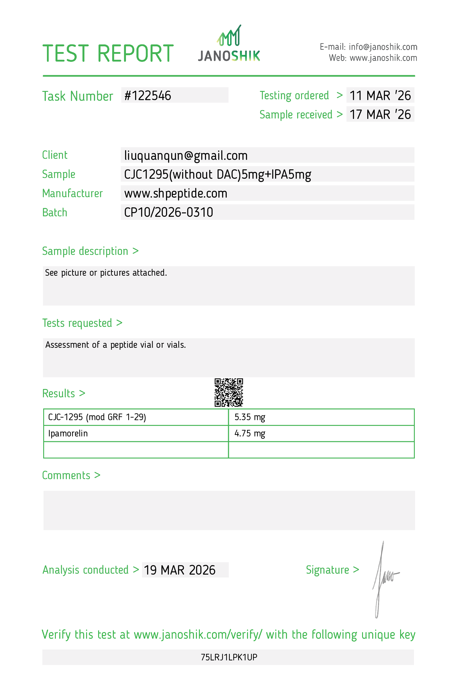 COA for CJC-1295 / Ipamorelin